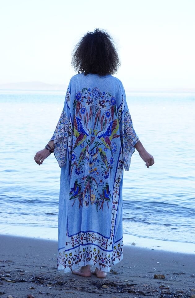 Mavi Kuş Desenli Kimono