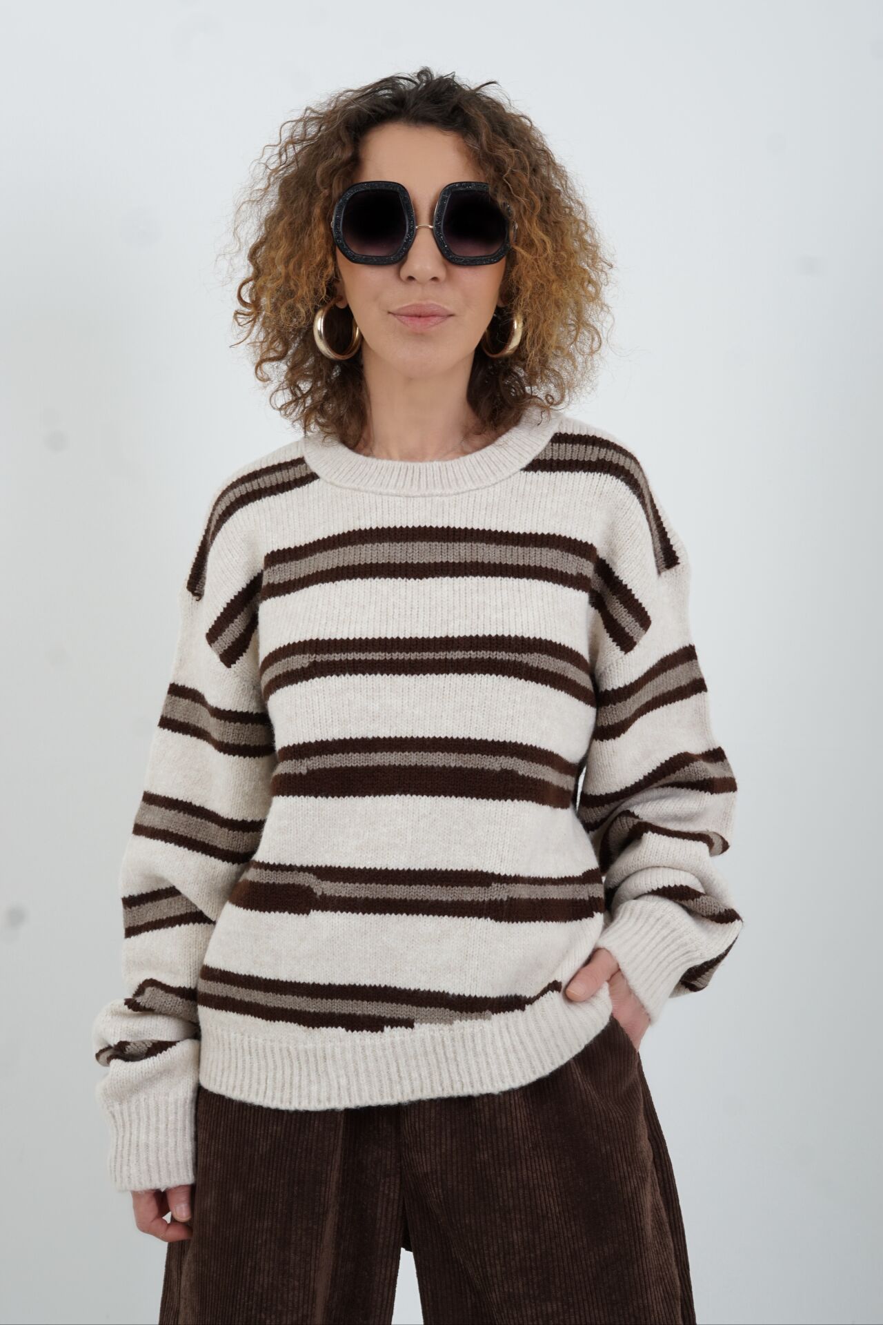 Bej Kahve Çizgili Kazak