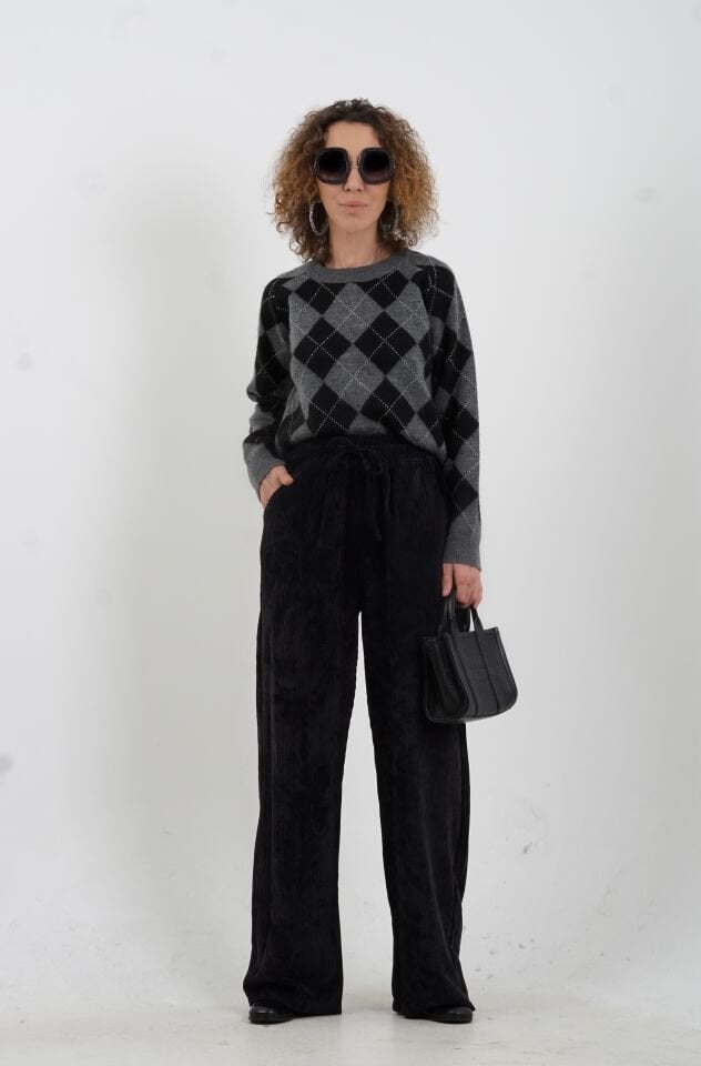 Siyah Fitilli Kadife Beli Lastikli Bol Paça Pantolon