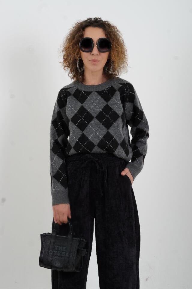 Siyah Fitilli Kadife Beli Lastikli Bol Paça Pantolon