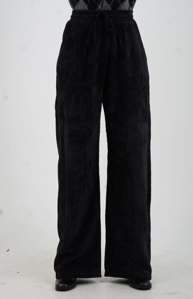 Siyah Fitilli Kadife Beli Lastikli Bol Paça Pantolon