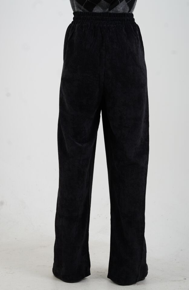 Siyah Fitilli Kadife Beli Lastikli Bol Paça Pantolon
