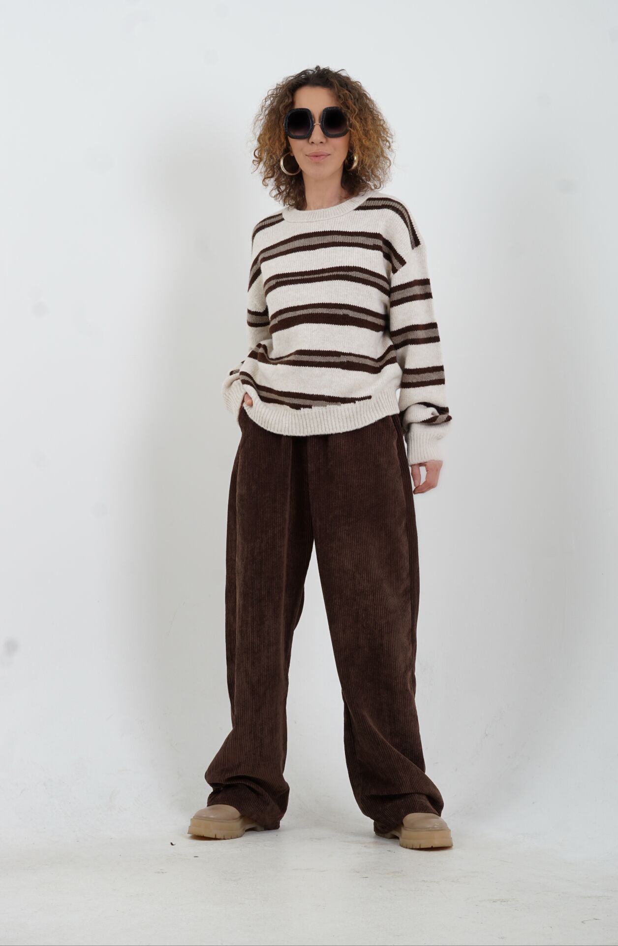 Kahve Fitilli Kadife Beli Lastikli Bol Paça Pantolon