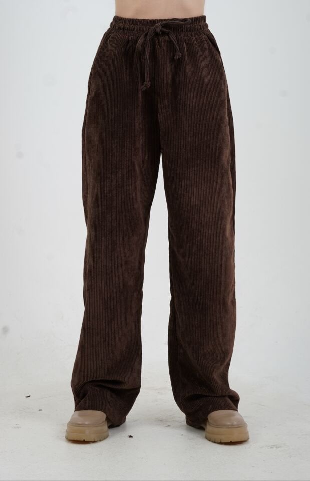 Kahve Fitilli Kadife Beli Lastikli Bol Paça Pantolon