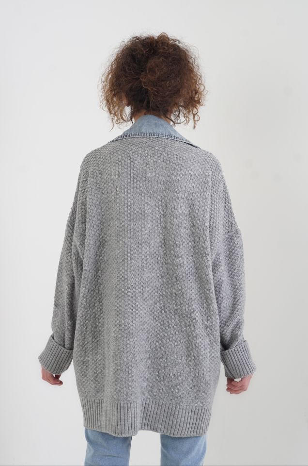 Gri Denim Detaylı Hırka