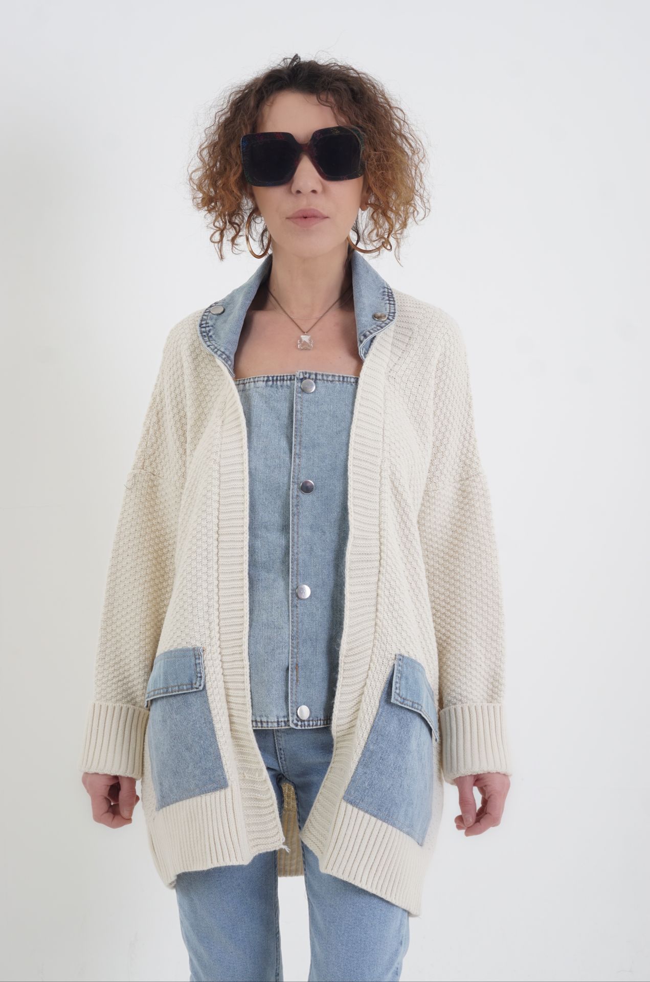 Taş Denim Detaylı Hırka