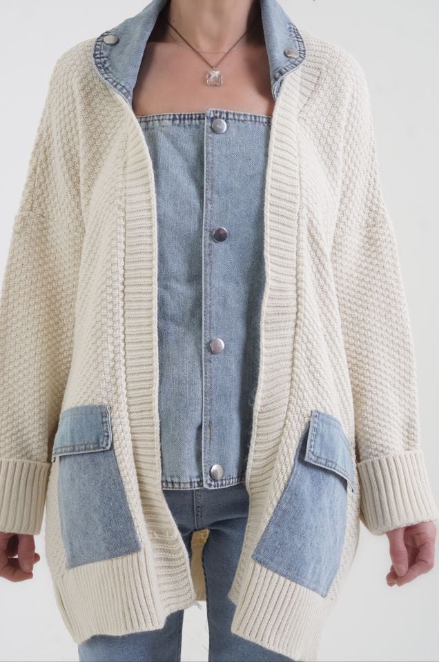 Taş Denim Detaylı Hırka