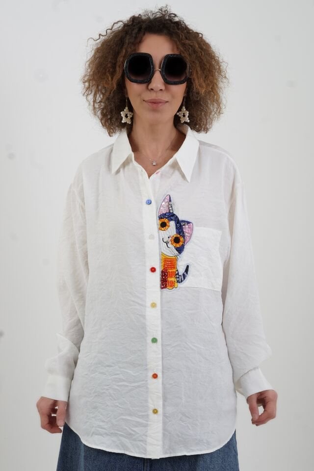 Ekru Kedi Nakışlı Taşlı Crash Gömlek