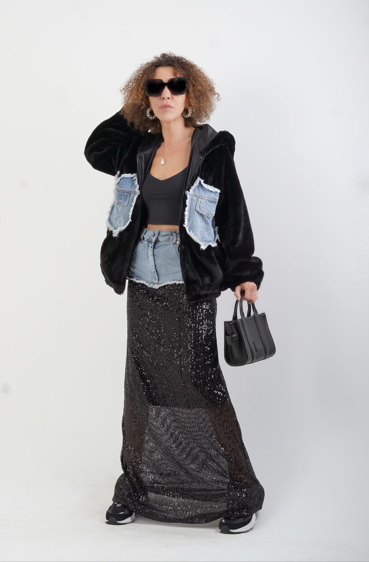 Siyah Denim Detaylı Pul Payetli  Maxi Etek