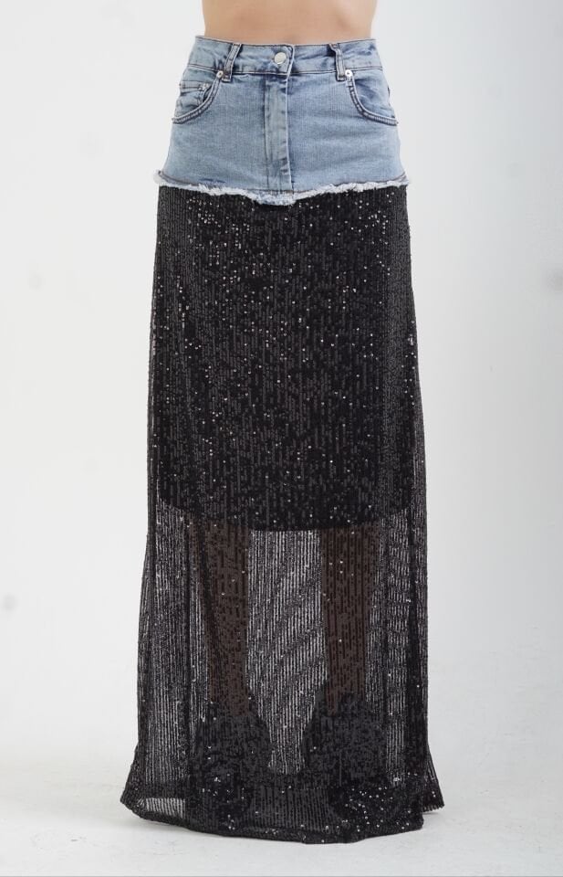 Siyah Denim Detaylı Pul Payetli  Maxi Etek