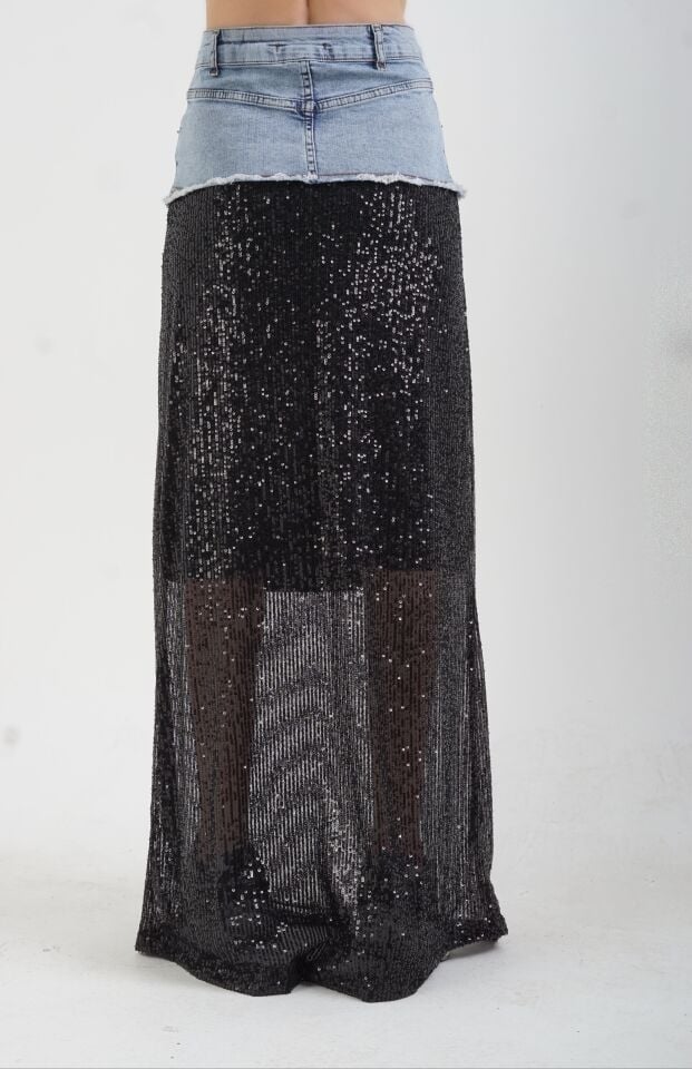 Siyah Denim Detaylı Pul Payetli  Maxi Etek
