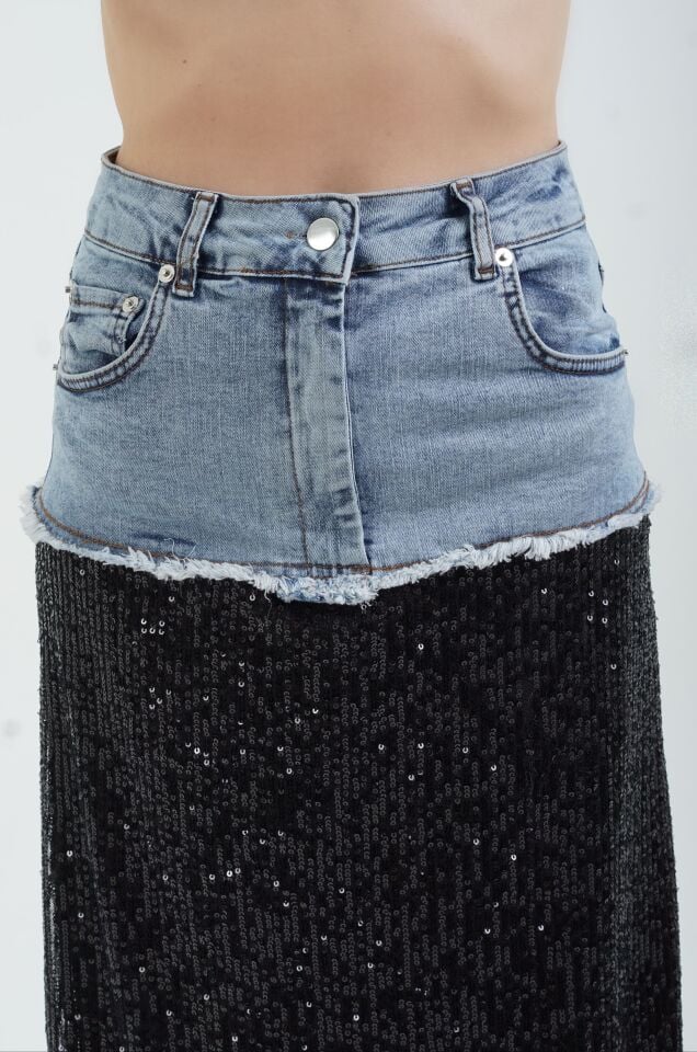 Siyah Denim Detaylı Pul Payetli  Maxi Etek