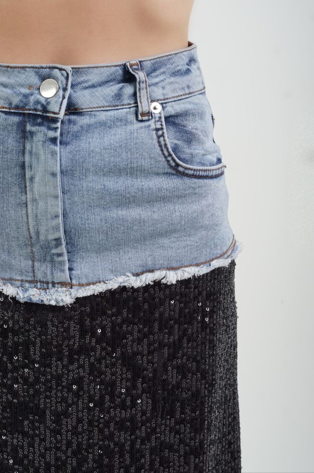 Siyah Denim Detaylı Pul Payetli  Maxi Etek