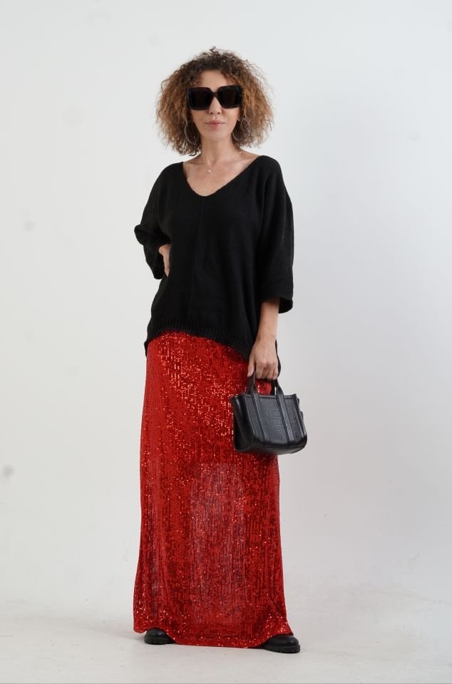 Kırmızı Pul Payetli Yarım Astarlı Maxi Etek