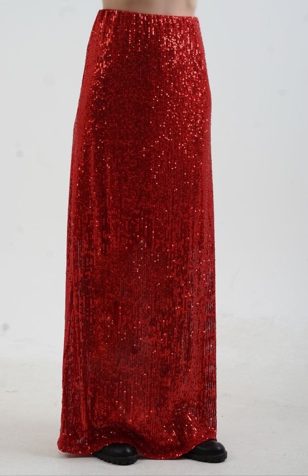 Kırmızı Pul Payetli Yarım Astarlı Maxi Etek