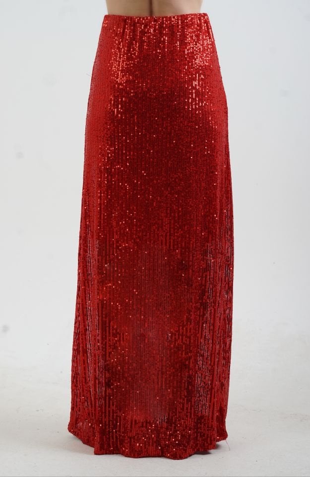 Kırmızı Pul Payetli Yarım Astarlı Maxi Etek