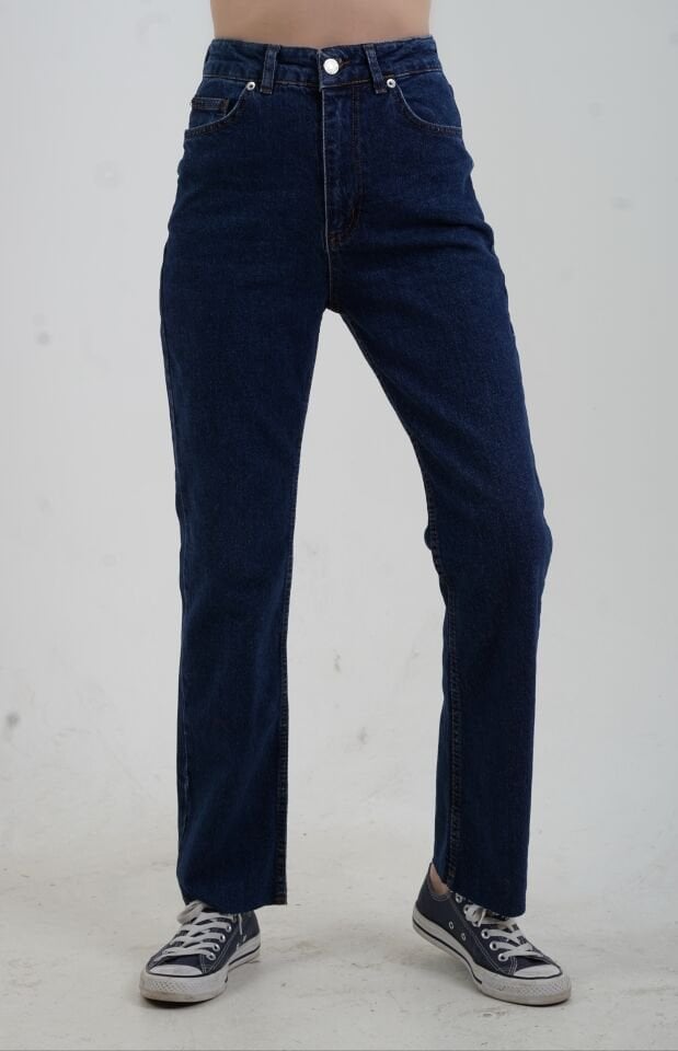 Koyu Mavi Paçası Dikişsiz Mom Fit Jean Pantolon