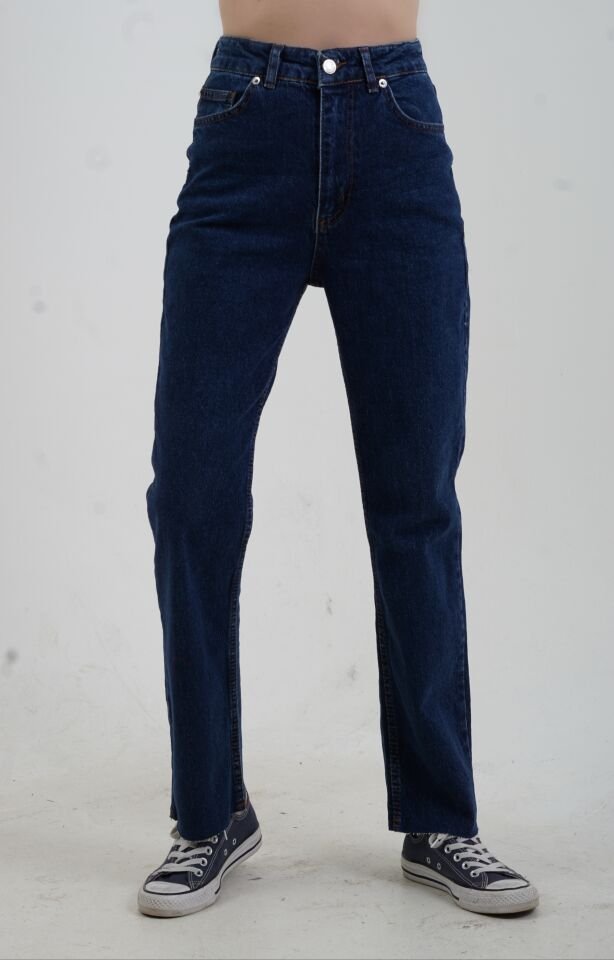 Koyu Mavi Paçası Dikişsiz Mom Fit Jean Pantolon