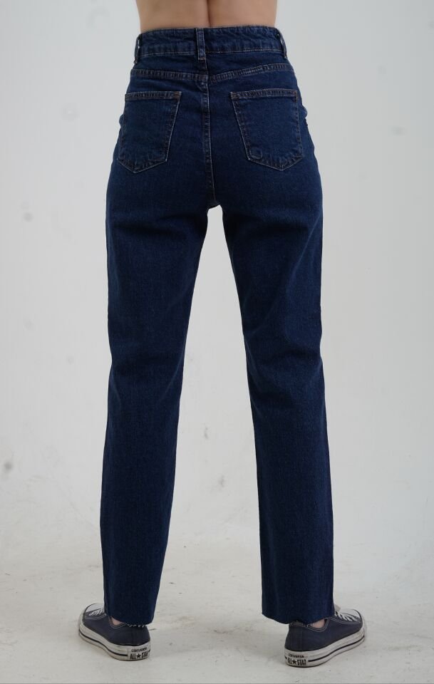 Koyu Mavi Paçası Dikişsiz Mom Fit Jean Pantolon