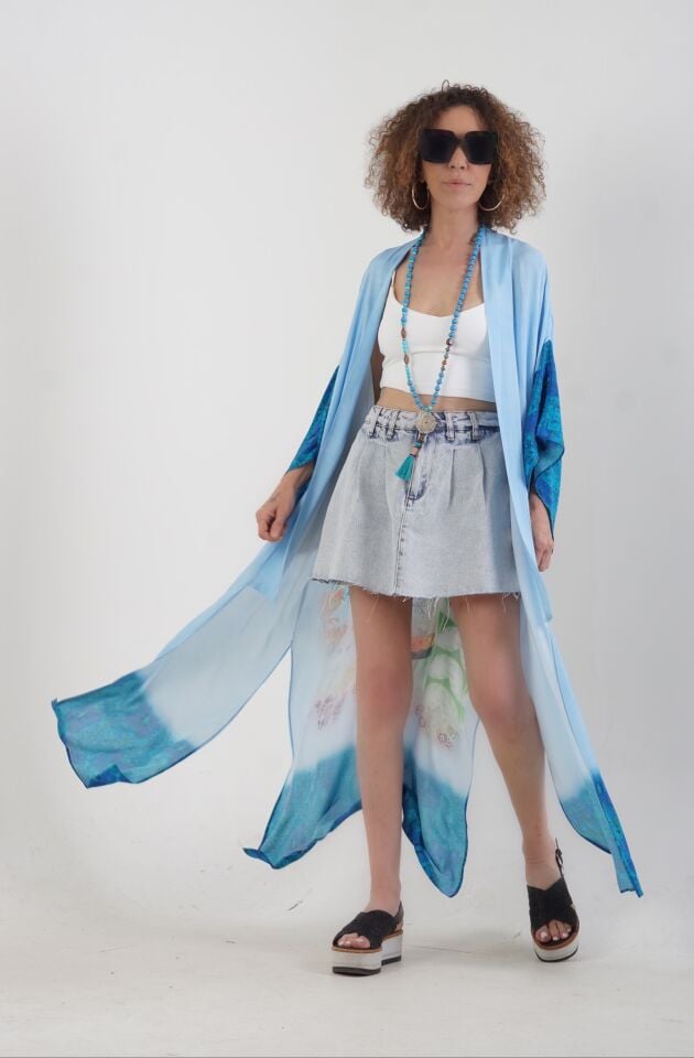 Mavi Datça Denizatı Desenli Kimono