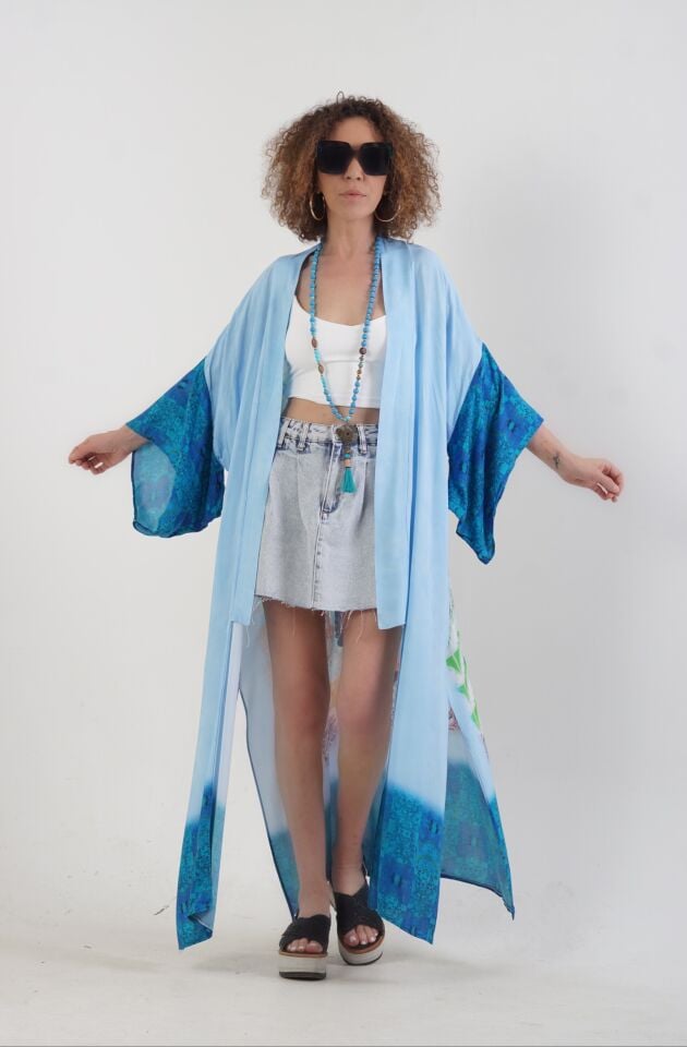 Mavi Datça Denizatı Desenli Kimono