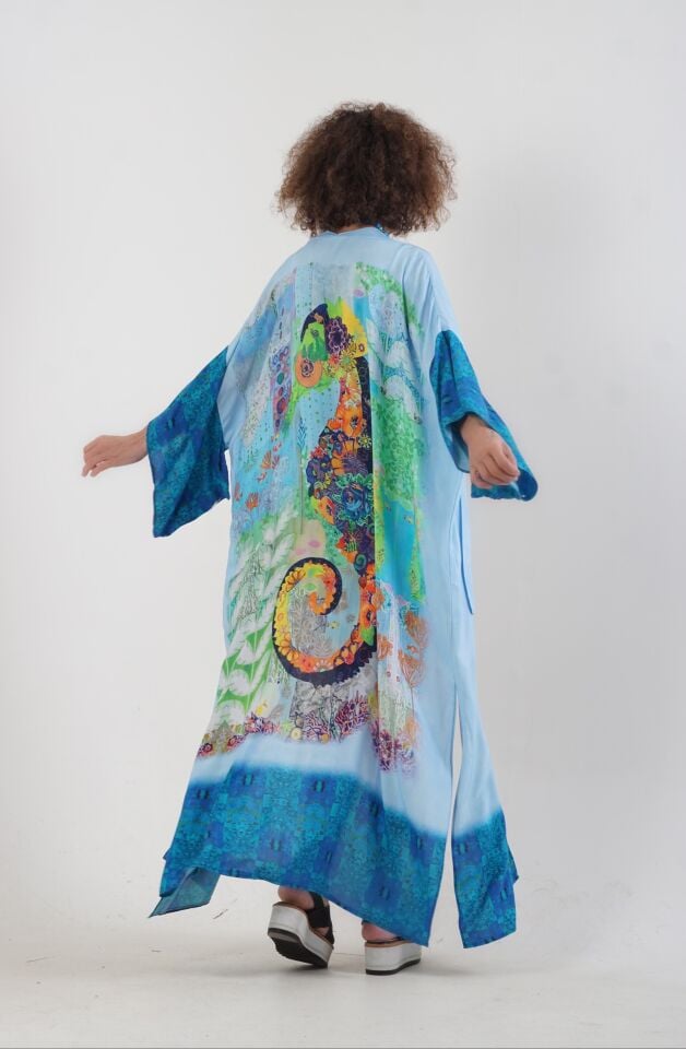 Mavi Datça Denizatı Desenli Kimono