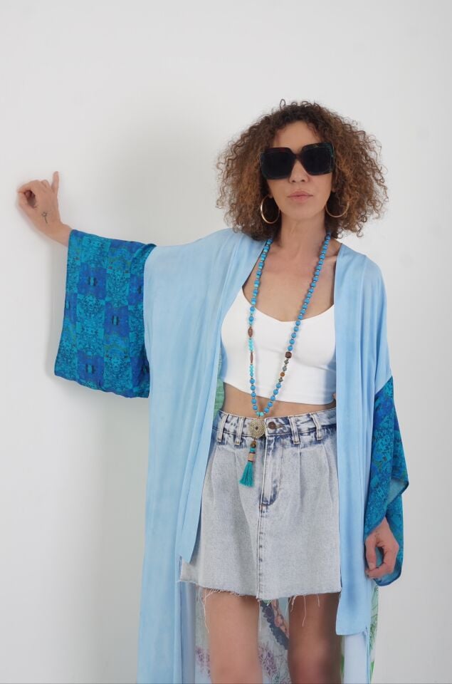 Mavi Datça Denizatı Desenli Kimono