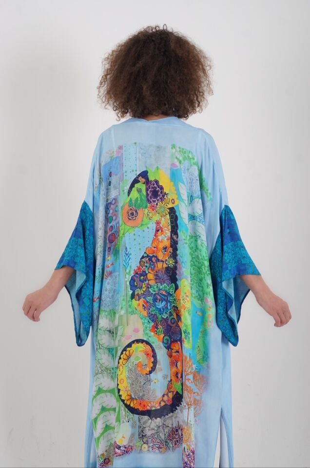 Mavi Datça Denizatı Desenli Kimono