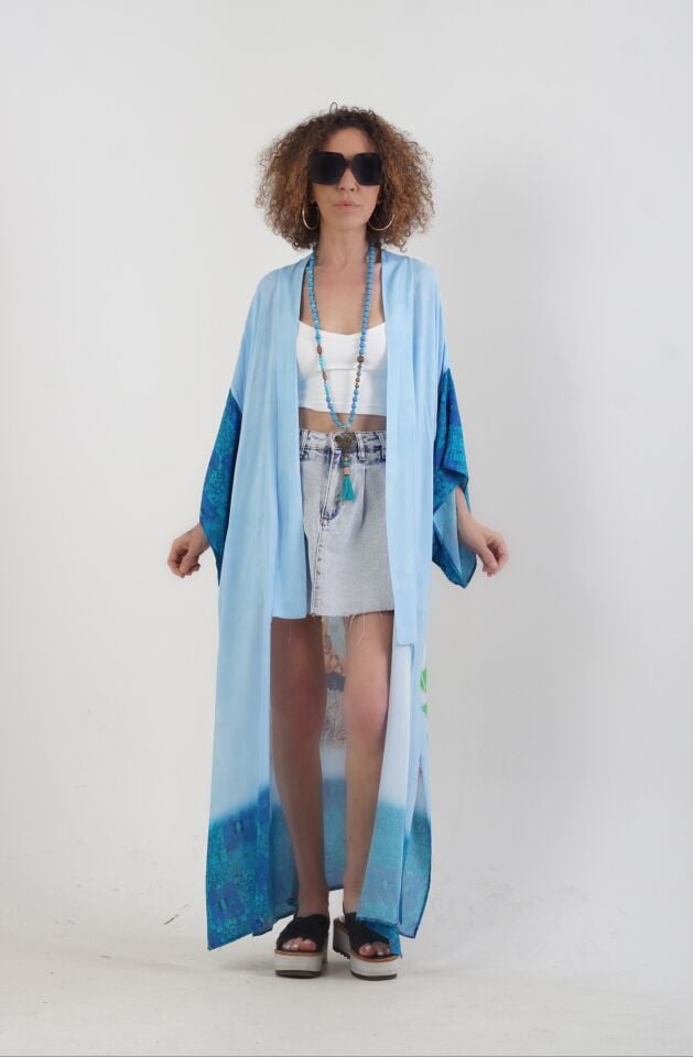 Mavi Datça Denizatı Desenli Kimono