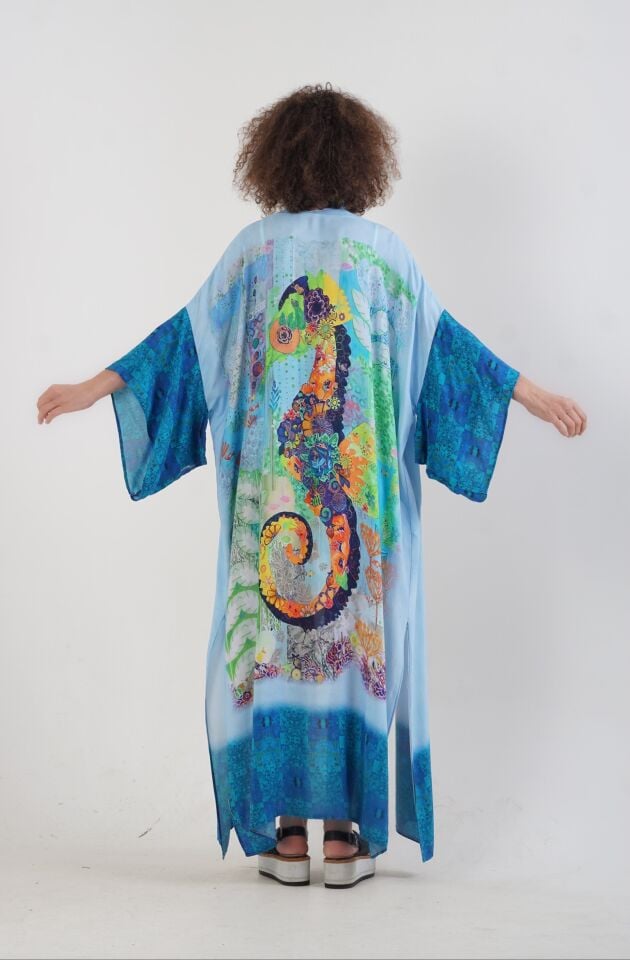 Mavi Datça Denizatı Desenli Kimono