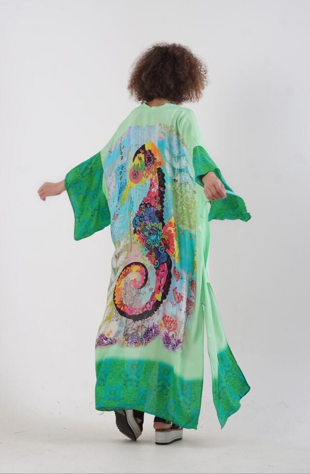 Yeşil Datça Denizatı Desenli Kimono
