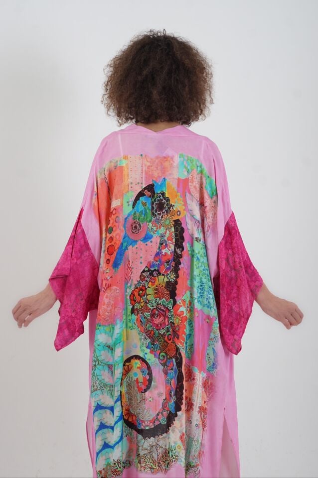 Pembe Datça Denizatı Desenli Kimono