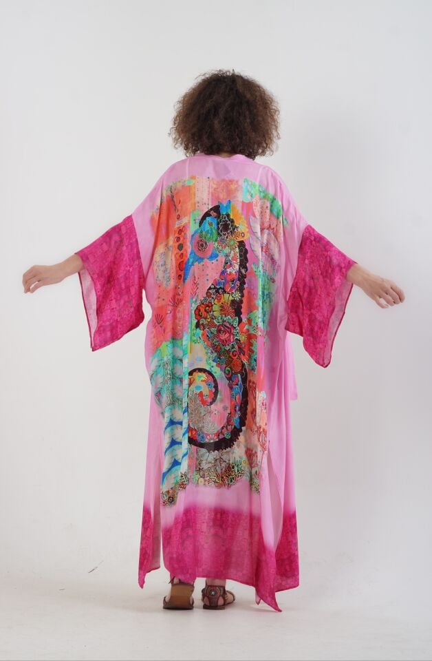 Pembe Datça Denizatı Desenli Kimono