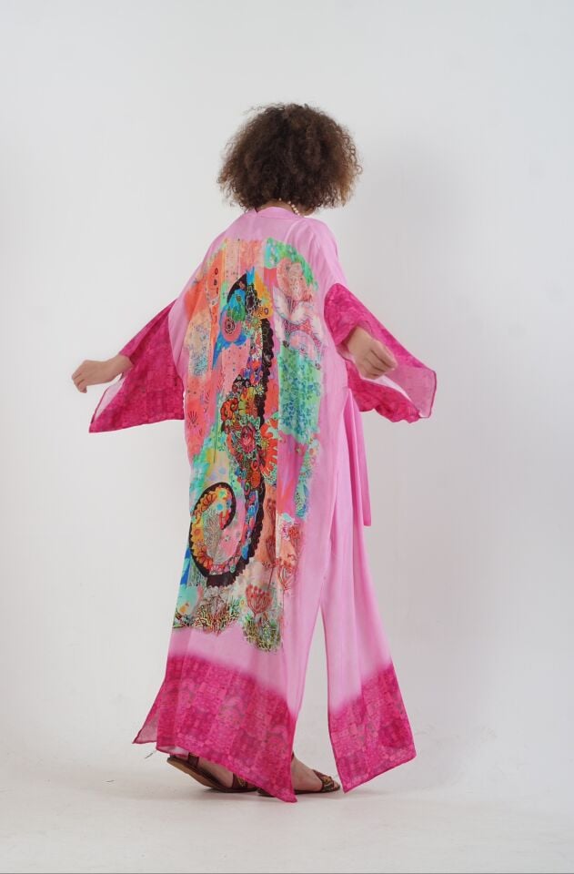 Pembe Datça Denizatı Desenli Kimono