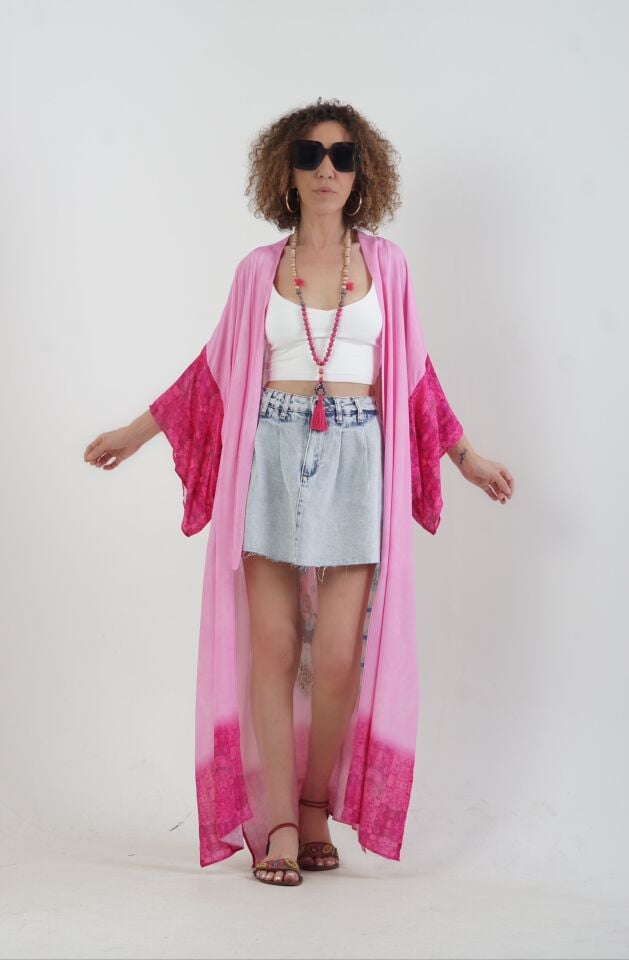 Pembe Datça Denizatı Desenli Kimono