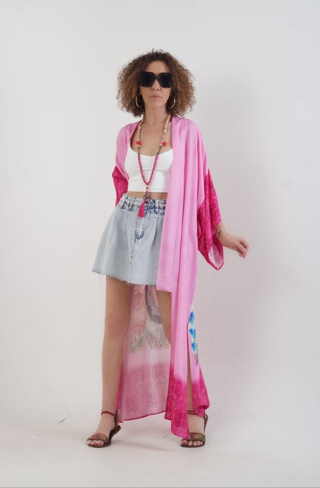 Pembe Datça Denizatı Desenli Kimono