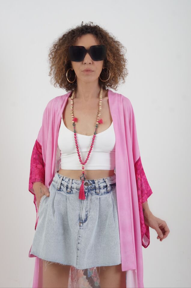 Pembe Datça Denizatı Desenli Kimono