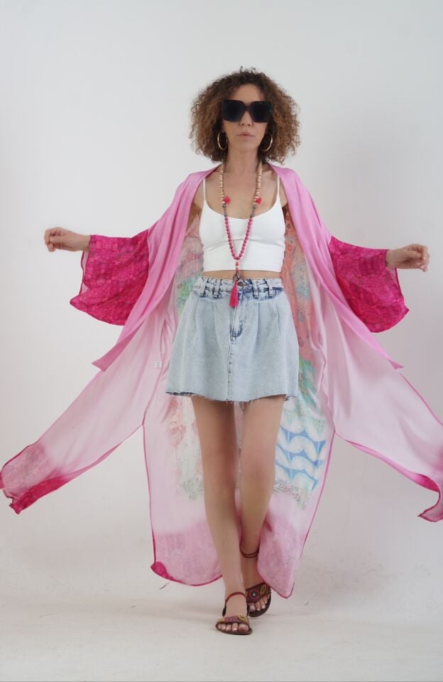 Pembe Datça Denizatı Desenli Kimono