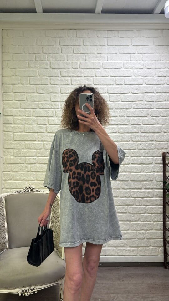 Gri Leopar Baskılı Soluk Efektli Oversize Tshirt