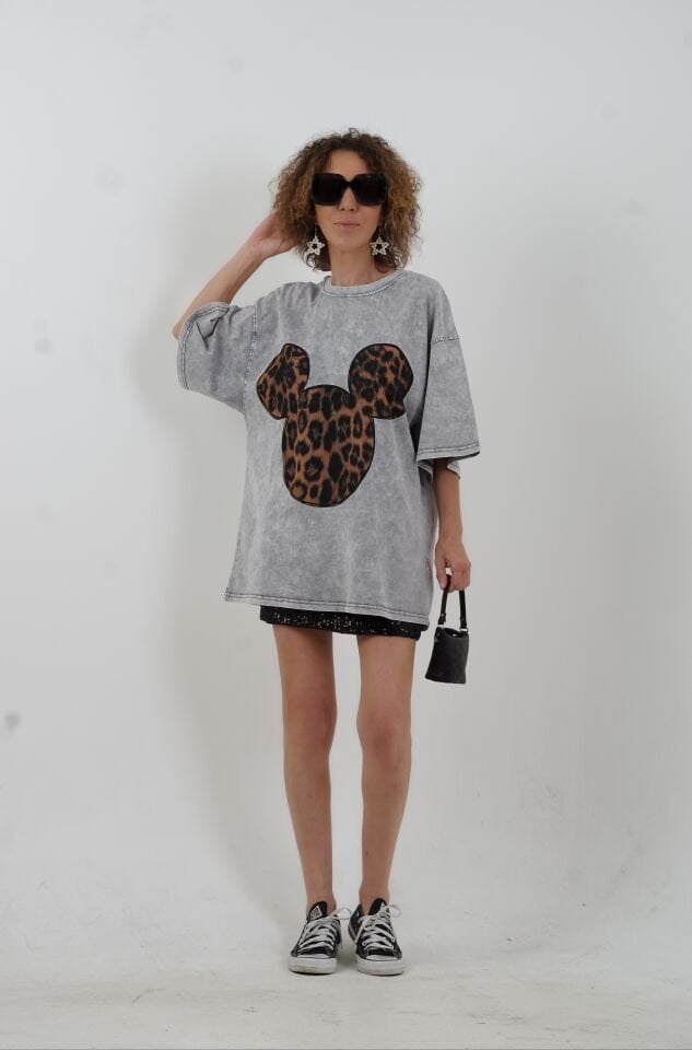 Gri Leopar Baskılı Soluk Efektli Oversize Tshirt