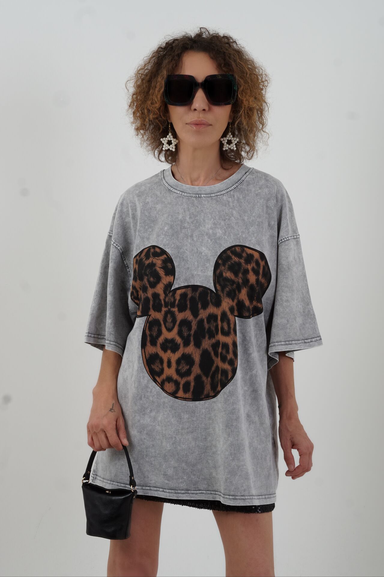Gri Leopar Baskılı Soluk Efektli Oversize Tshirt