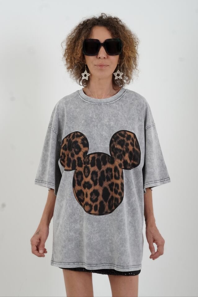 Gri Leopar Baskılı Soluk Efektli Oversize Tshirt