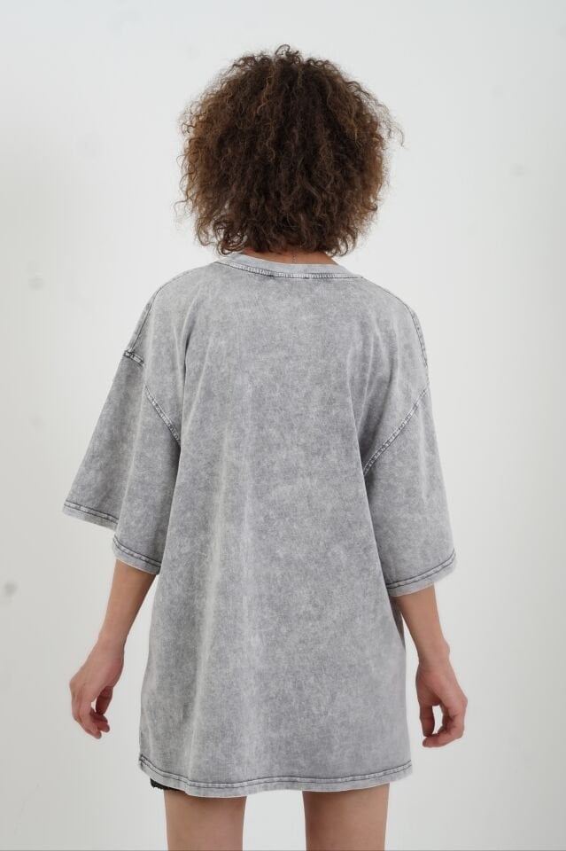 Gri Leopar Baskılı Soluk Efektli Oversize Tshirt