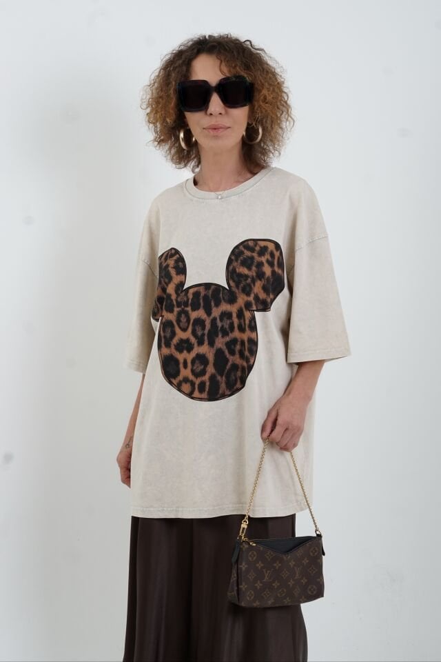 Bej Leopar Baskılı Soluk Efektli Oversize Tshirt