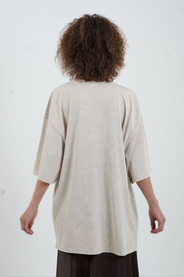 Bej Leopar Baskılı Soluk Efektli Oversize Tshirt