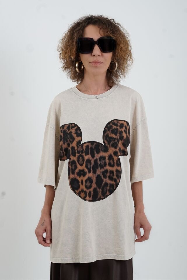 Bej Leopar Baskılı Soluk Efektli Oversize Tshirt
