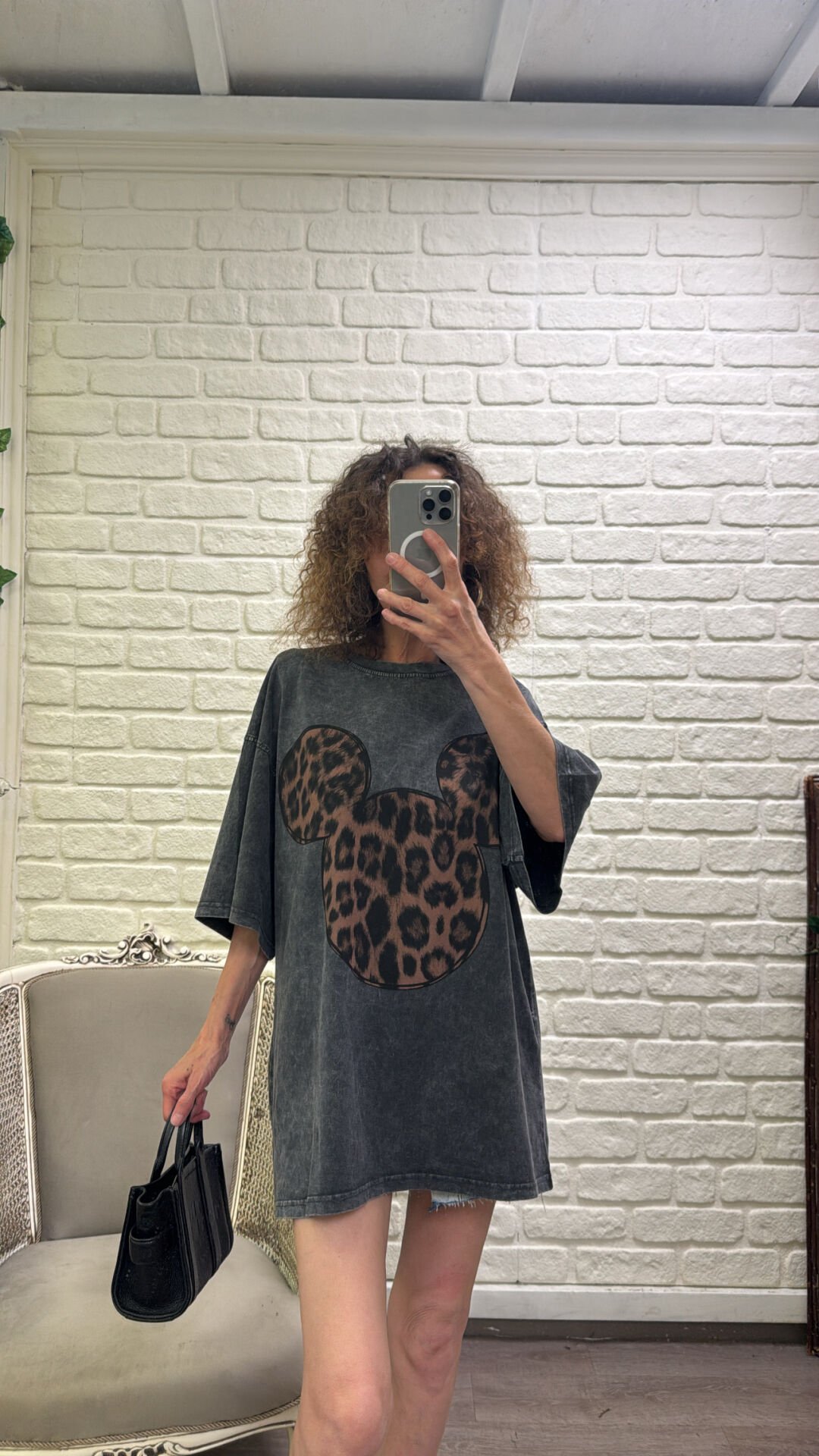 Antrasit Leopar Baskılı Soluk Efektli Oversize Tshirt