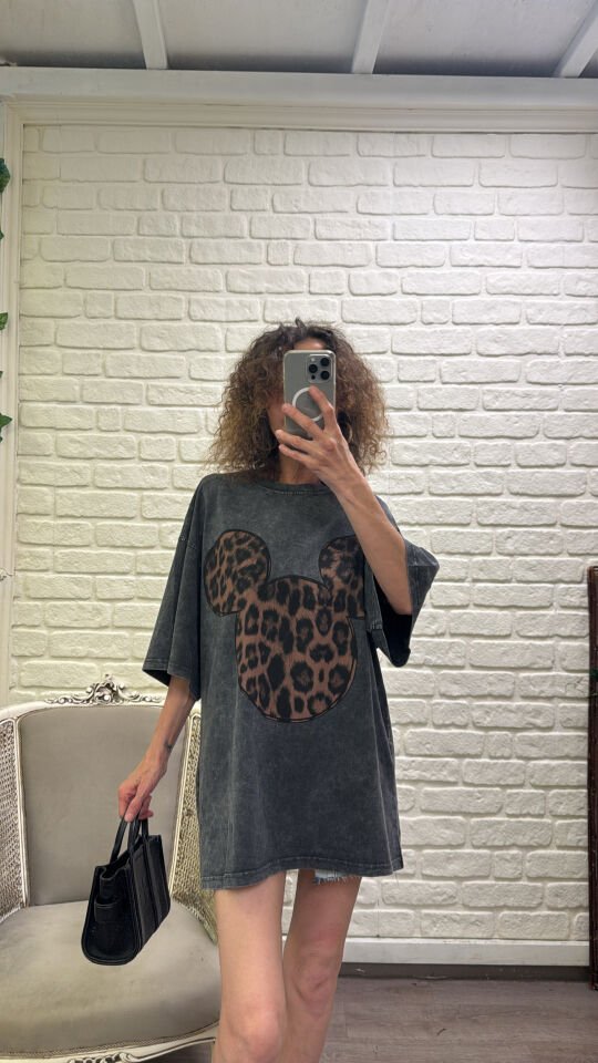 Antrasit Leopar Baskılı Soluk Efektli Oversize Tshirt