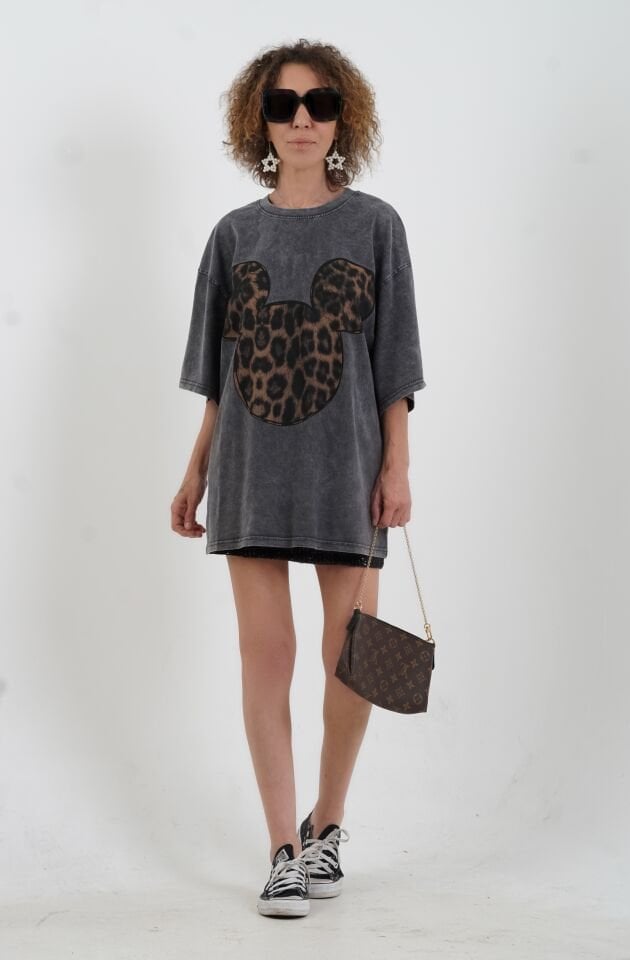 Antrasit Leopar Baskılı Soluk Efektli Oversize Tshirt