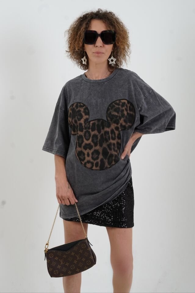 Antrasit Leopar Baskılı Soluk Efektli Oversize Tshirt